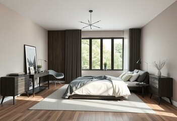 Scandinavian-inspired bedroom with dark wood accents and diffused natural light