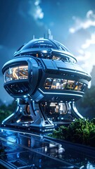 Futuristic Chrome Architectural Building With Impossible Geometry In Blue Lighting Against Mountainous Landscape