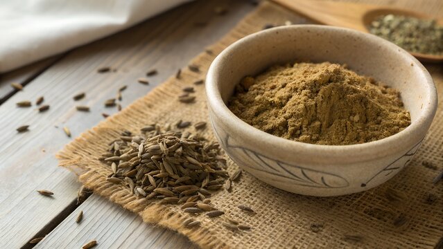 Cumin powder in bowl with whole cumin seeds around