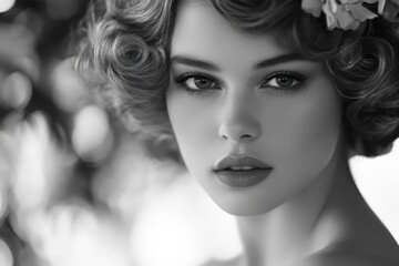 graceful woman with perfect light makeup, soft curls and poised stance