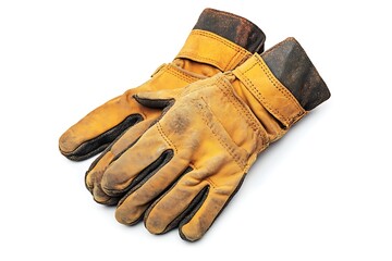 A pair of worn leather work gloves with brown cuffs resting on a plain white background in a studio shot