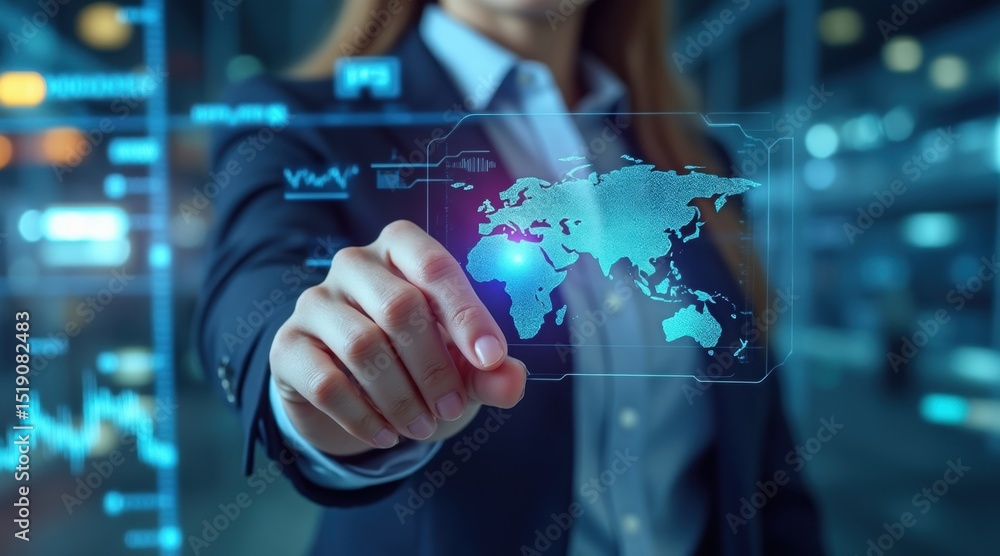 Poster a person interacts with a digital world map interface, highlighting global technology and business c