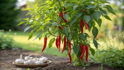 Cayenne chili peppers growing in garden with garlic