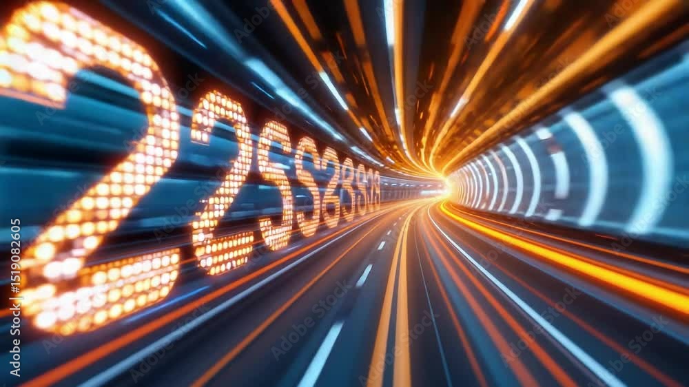 Poster futuristic digital tunnel with glowing numbers and light trails representing speed, data flow, techn