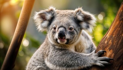 Obraz premium Cuddly Koala Lounging in a Gum Tree on a Bright and Sunny Australian Afternoon, Capturing the Playful Spirit of the Aussie Bush with Warm Golden Light.