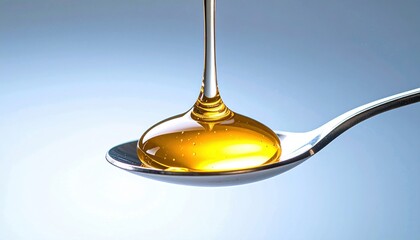 Golden Honey Droplet Suspended On Silver Spoon Against Soft Gradient Background