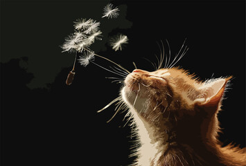 A Dandelion being blowed while its achenes seems to roughly shape of a cat, on black background © kishore chandra