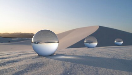 Glass Spheres Reflecting Desert Landscape Under a Clear Sky with a White Textured Surface