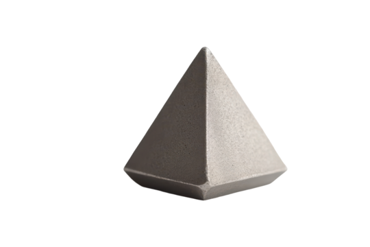A light grey, geometric, pyramidal object with a matte finish, sharply defined edges, and a slightly textured surface, isolated on a black background