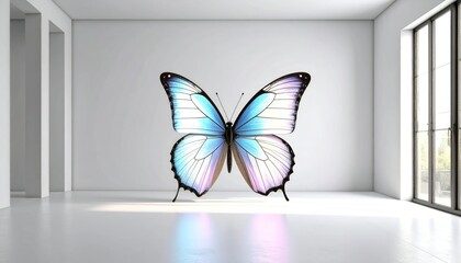 Holographic Blue Butterfly Transformation Symbol Against White Interior With Natural Light