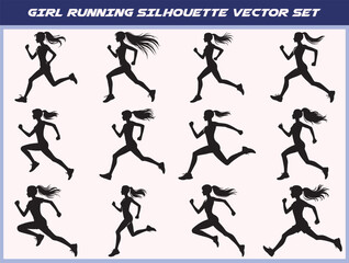 Girl running silhouette vector set