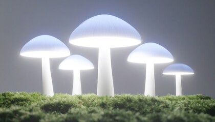 Glowing White Mushrooms in Bioluminescent Forest with Green Mossy Ground