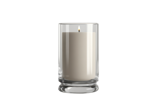 A cylindrical glass candle holder encases a single, off-white pillar candle with a small flame. The holder has a slightly flared base