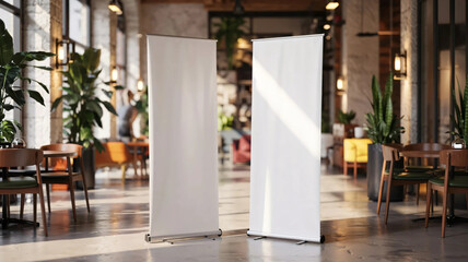 roll up mockup poster stand in an restaurant environment as wide banner design with blank empty copy space area