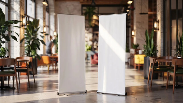 roll up mockup poster stand in an restaurant environment as wide banner design with blank empty copy space area