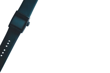 A dark teal digital wristwatch with a square face and a simple band is shown at an angle against a black background