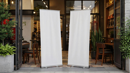 roll up mockup poster stand in an restaurant environment as wide banner design with blank empty copy space area