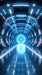 Illuminated Blue Geometric Tunnel with Infinite Depth and Reflective Surfaces