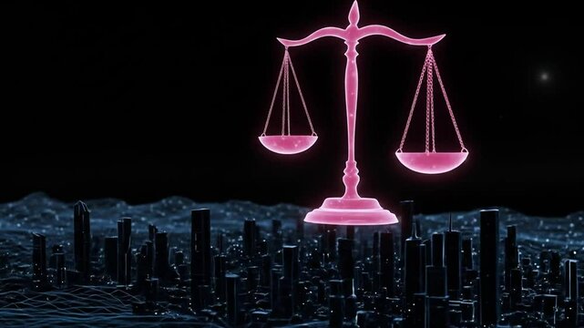 Digital scale of justice over futuristic cityscape at night