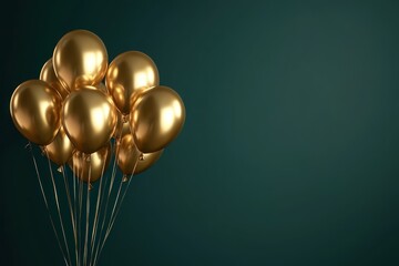 Golden metallic balloons flying gently to the top of green background, fade out effect