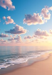 Fototapeta premium sunset on the beach, a beach with pink clouds and sunshine