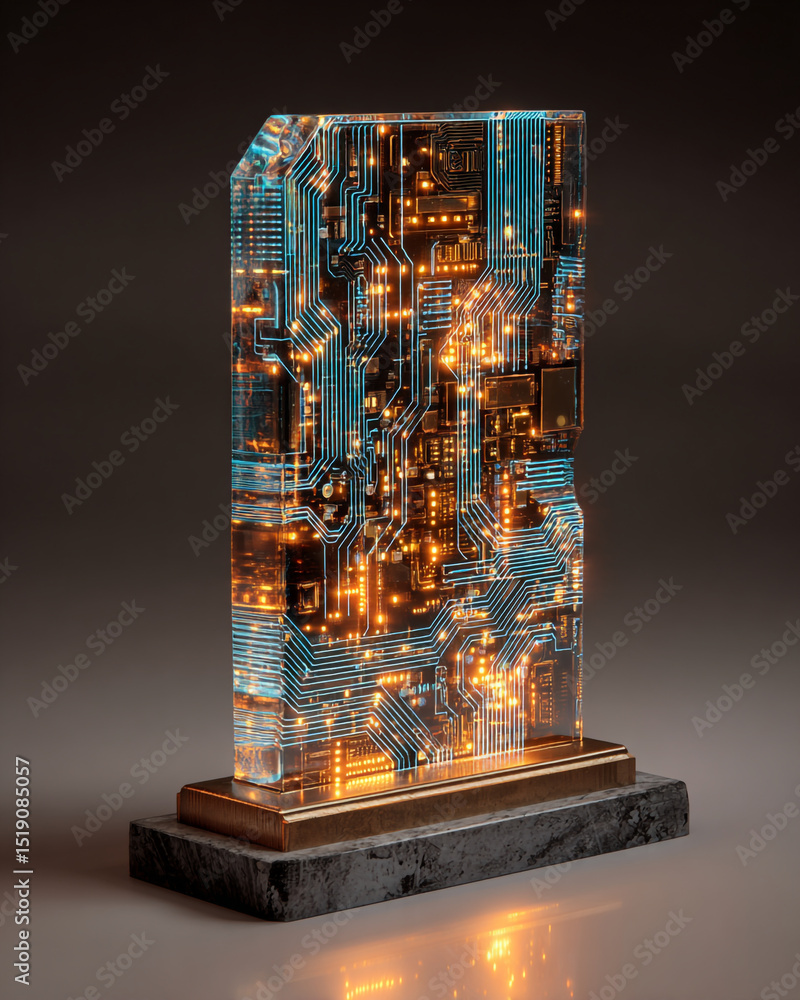 Poster a translucent block with glowing circuit patterns on a gray base against a blurred background view s