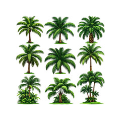 Collection of detailed green tropical palm trees set on transparent background