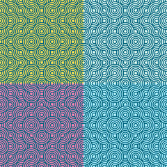  seamless pattern showcases concentric circles and wavy lines, divided into four vibrant quadrants with distinct colors—yellow-green, light blue, purple, and teal