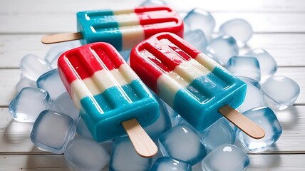 Patriotic red white and blue popsicles cooling on a bed of ice cubes for summer treats