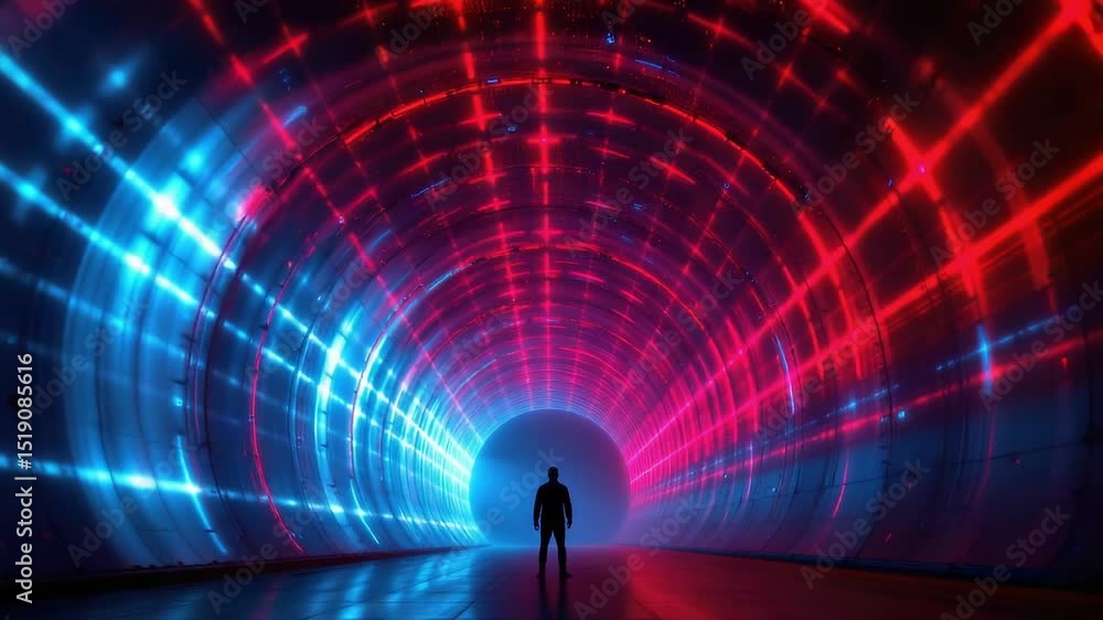 Poster surreal journey through a neon light tunnel with a silhouette figure in the center embracing the vib