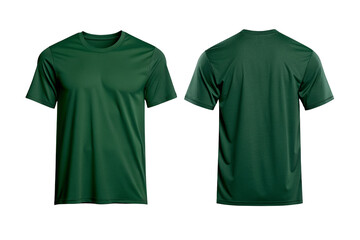 Front and back view of a dark green t shirt on a black background showcasing apparel design style