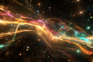 Fototapeta premium Glowing neon trails through star-filled space, galaxy light warp tunnel effect