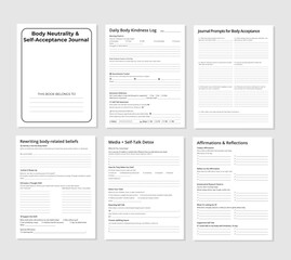Obraz premium Body Neutrality & Acceptance Journal vector EPS - 10. Kindness Log, Self-Talk Detox & Beliefs Workbook Set.