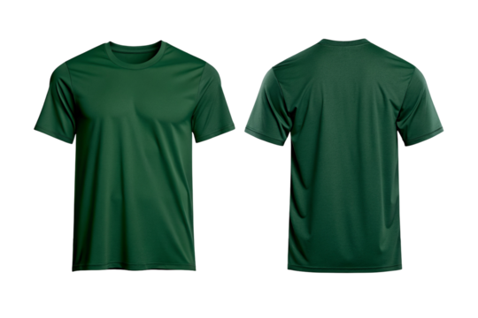 Front and back view of a dark green t shirt on a black background showcasing apparel design style