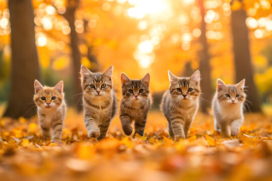 a group of cute cats running towards in autumn leaves leaf fall sunny day in the park 