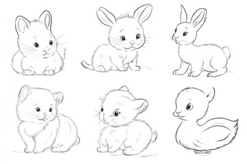 A collection of fluffy baby animals--puppy, kitten, bunny, duckling--designed as a simple outline drawing for young children to color