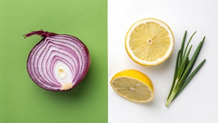 Fresh Red Onion and Lemon Slice on Bright Background with Green and White Contrast