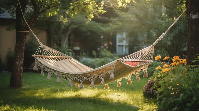 Relaxing hammock hanging between trees in a lush green garden on a sunny day