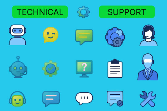 Vector icons for technical support, visualize troubleshooting and customer service scenarios, For presentations, for social media, advertising and design.