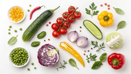 Fresh Colorful Vegetables and Herbs Arrange on a Bright Surface for Healthy Eating Concept