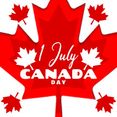 Canada Day to celebrate on July 1st. Maple leaf symbol of the Canadian flag with numbers and bold text on white background.