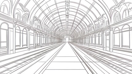 Obraz premium Architectural sketch of a train station interior