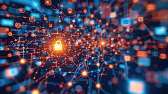 Digital Security Concept with a Centered Lock Surrounded by Colorful Binary Code and Dots Representing Data Connectivity and Protection Trends