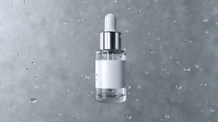 Minimalist cosmetic dropper bottle surrounded by water droplets, representing skincare hydration and clean beauty product advertising.