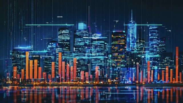 Digital cityscape with data visualization, representing urban technology and financial growth. - Powered by Adobe
