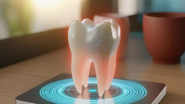 A futuristic holographic tooth hovers above a sleek metallic platform on a wooden desk. A glowing red radar-like interface spins slowly beneath it, featuring concentric circles, digital numerals, and 