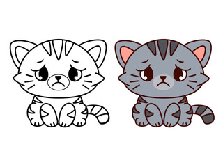 Sad gray cartoon kitten in line art and colored version, emotional cute cat character for kids coloring book pages, printable educational activities, sticker sets and nursery design with expressive