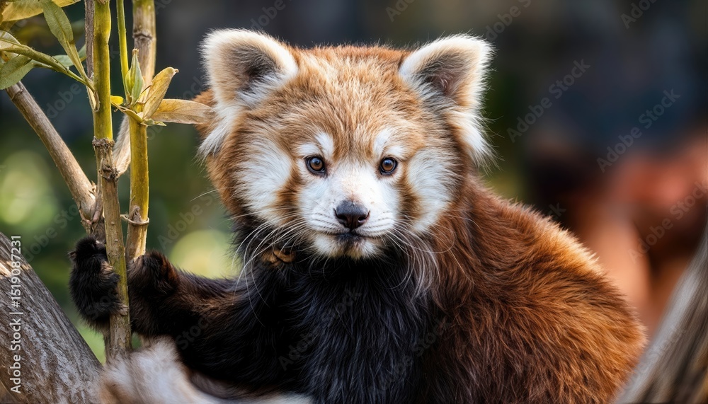 Poster adorable red panda peering from trees in a lush forest, capturing playful whimsy and the wonders of 