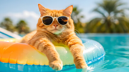 Cute orange cat wearing sunglasses. The cat is relaxing in a pool ring, floating in a swimming cool with mild blue water, in a hot summer day