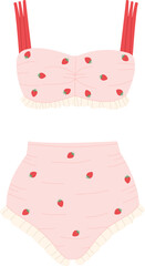 Delicate pink swimsuit with strawberry print. Summer women's clothing for vacation, swimming. Fashionable swimwear. Stylish design and minimal details. Bikini sketch